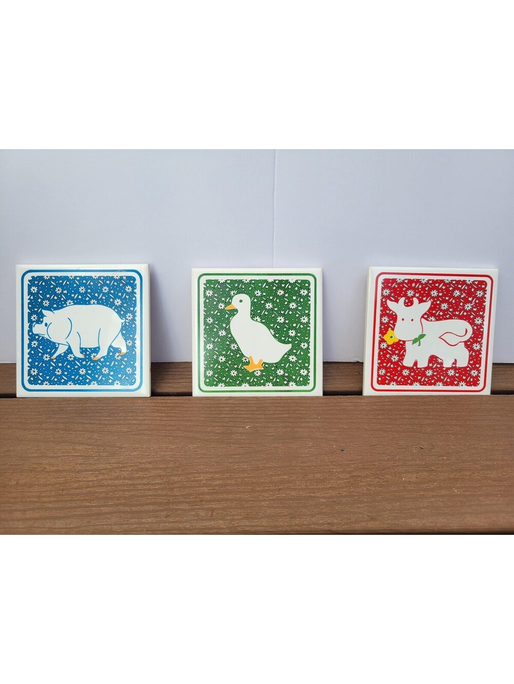 Levo Farm Animal Trivet Tiles Set Of 3 Ceramic Colorful Country Kitchen Decor